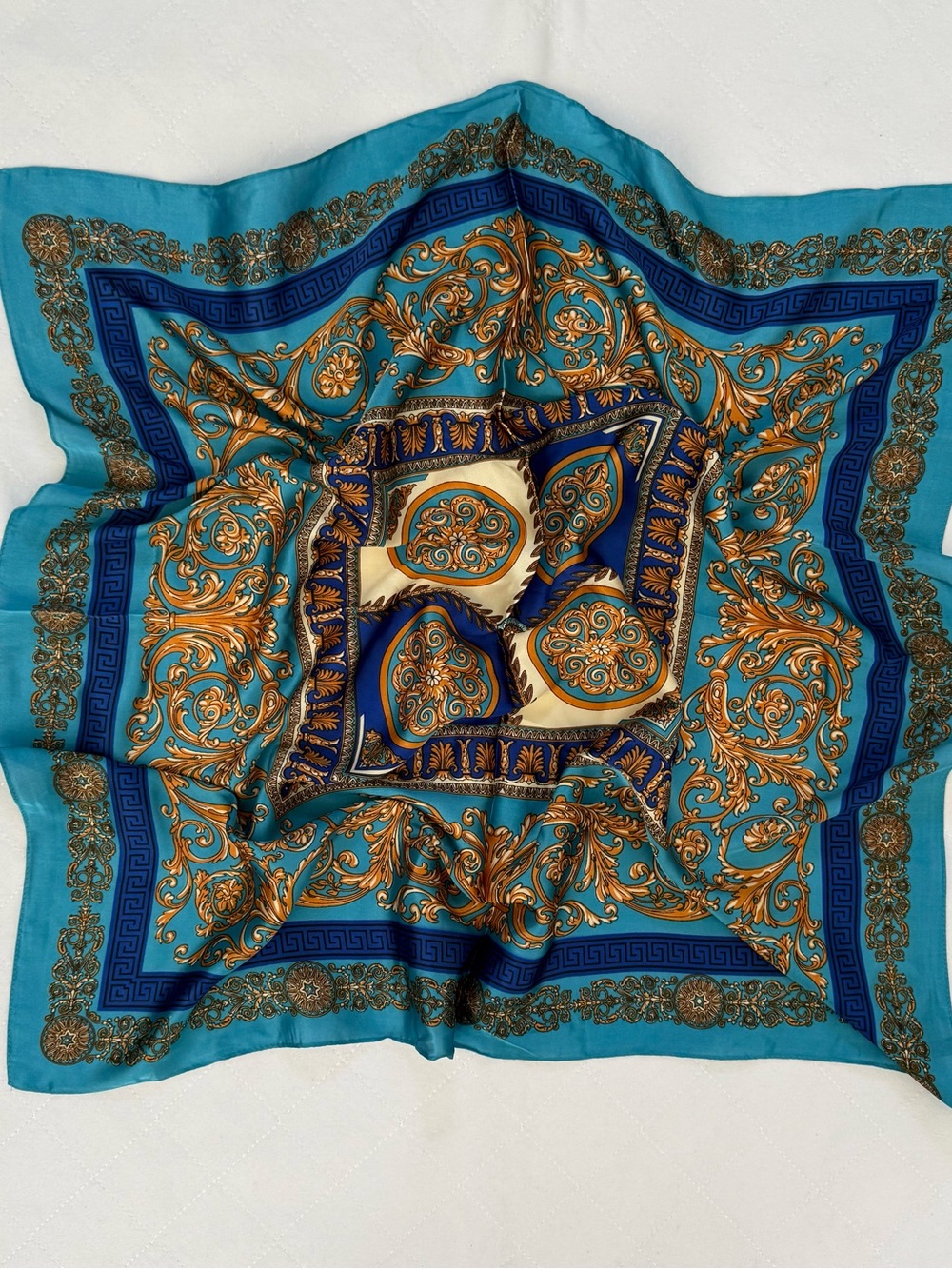 Silk-Feel Blue and Gold Baroque Square Scarf - Women Accessories Vintage